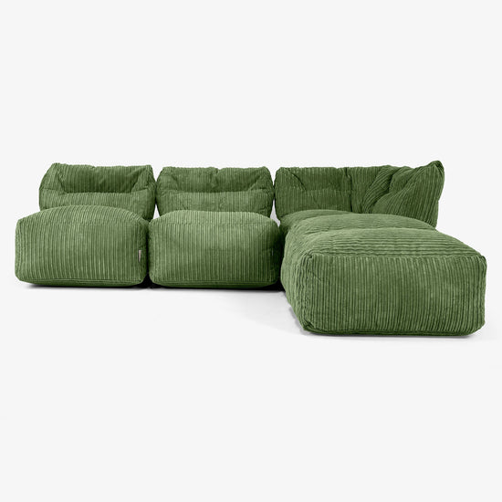 Canapé Modulable 3 Places avec Méridienne, sans Accoudoirs - Côtelé Vert Forêt 01