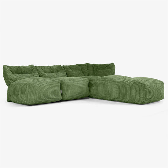 Canapé Modulable 3 Places avec Méridienne, sans Accoudoirs - Côtelé Vert Forêt 02