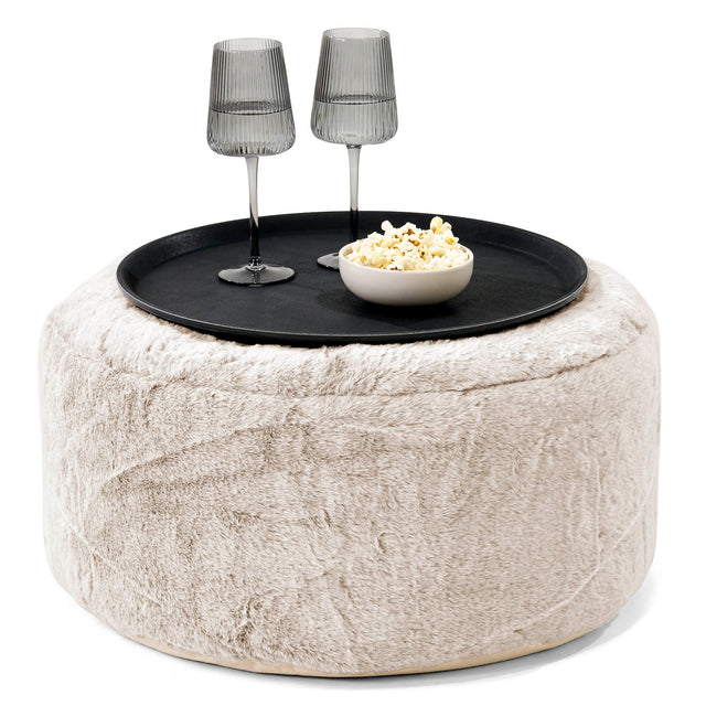 Pouf Ottoman avec Plateau - Fausse Fourrure Lapin Brun Doré 01