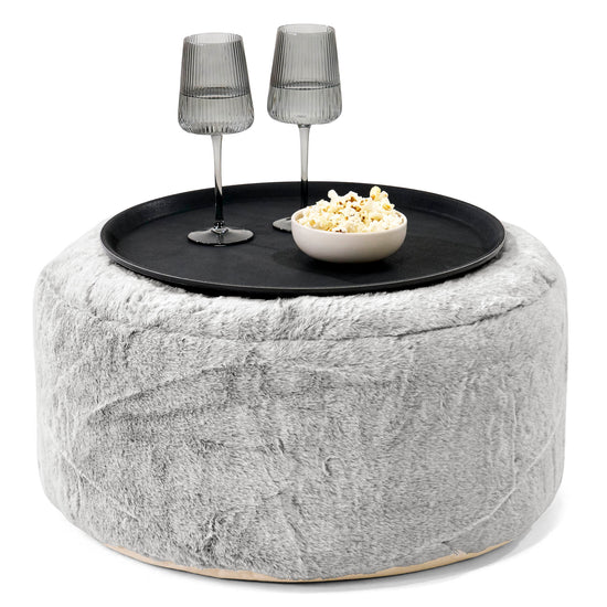 Pouf Ottoman avec Plateau - Fausse Fourrure Lapin Gris clair 01