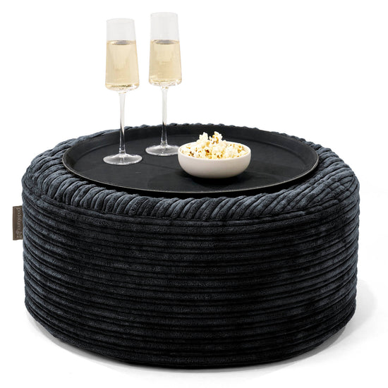 Pouf Ottoman avec Plateau - Côtelé Noir 01