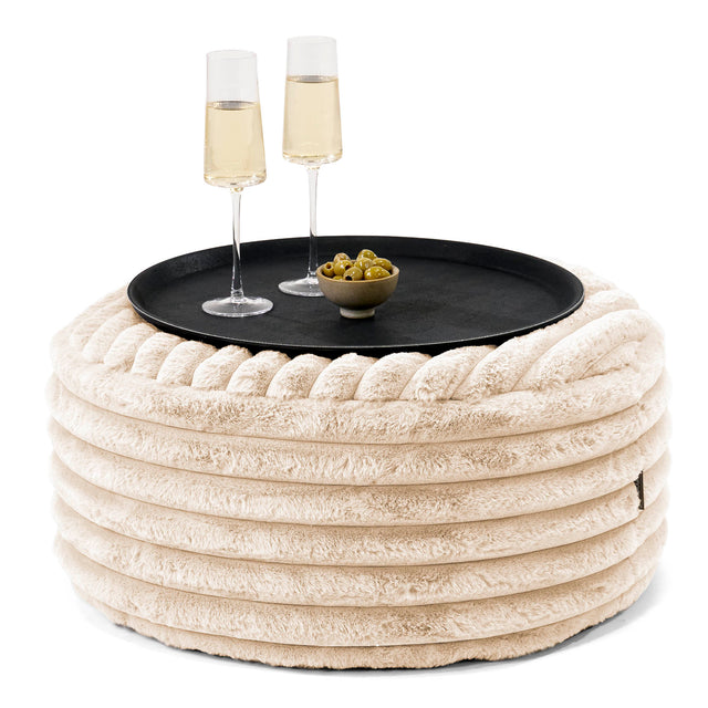 Pouf Ottoman avec Plateau - Velours Côtelé Ultra Pelucheux Crème 01