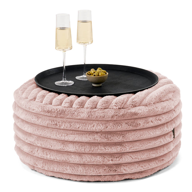 Pouf Ottoman avec Plateau - Velours Côtelé Ultra Pelucheux Rose Pastel 01