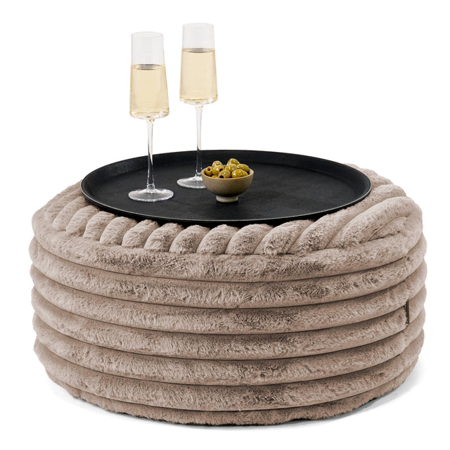 Pouf Ottoman avec Plateau - Velours Côtelé Ultra Pelucheux Vison 01