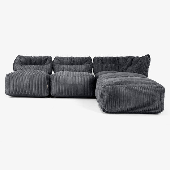 Canapé Modulable 3 Places avec Méridienne, sans Accoudoirs - Côtelé Noir 01