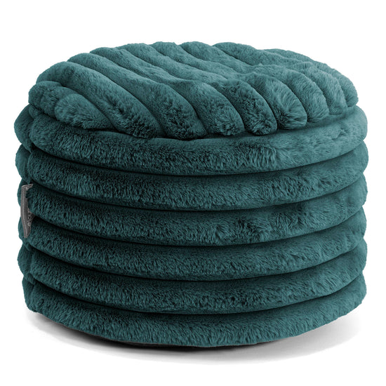 Petit Repose-pieds Rond - Velours Côtelé Ultra Pelucheux Bleu Canard 01