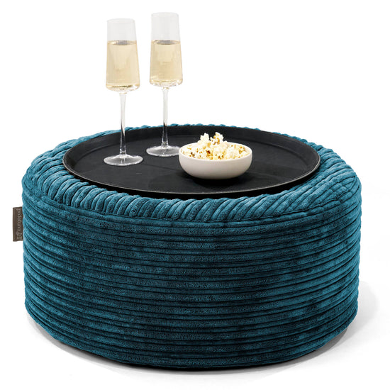 Pouf Ottoman avec Plateau - Côtelé Bleu Canard 01