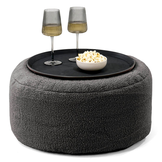 Pouf Ottoman avec Plateau - Bouclé Anthracite 01