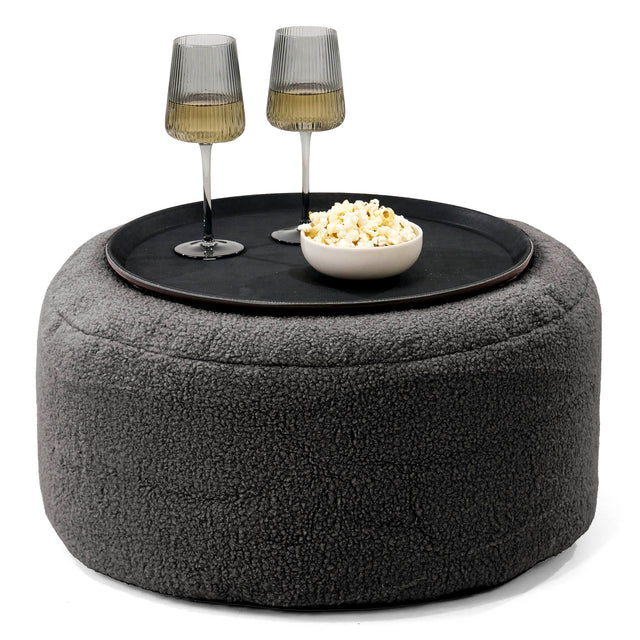 Pouf Ottoman avec Plateau - Bouclé Anthracite 01