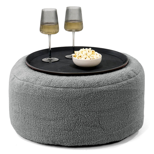 Pouf Ottoman avec Plateau - Bouclé Gris 01