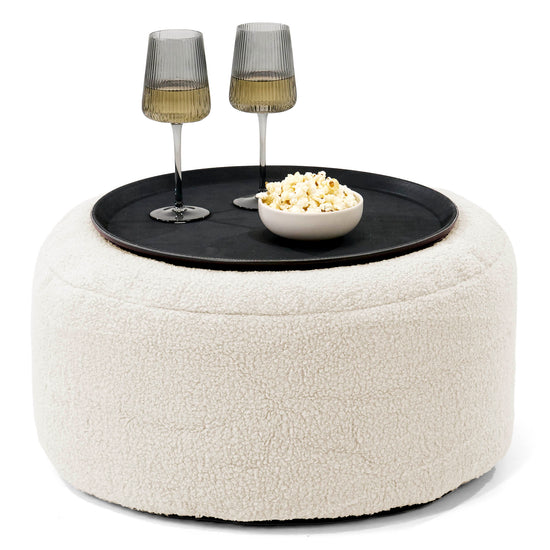 Pouf Ottoman avec Plateau - Bouclé Ivoire 01