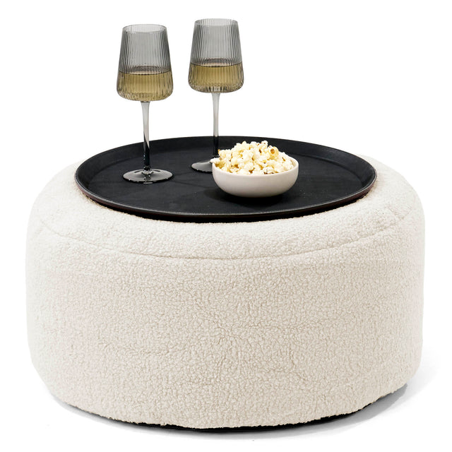 Pouf Ottoman avec Plateau - Bouclé Ivoire 01