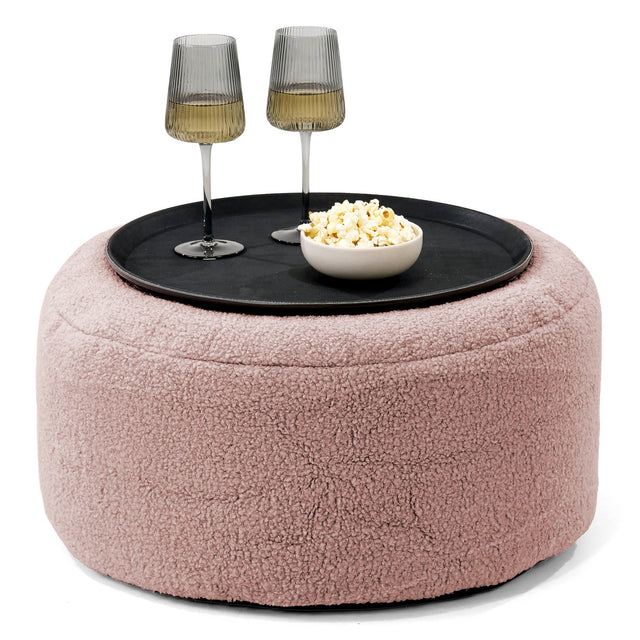 Pouf Ottoman avec Plateau - Bouclé Rose 01