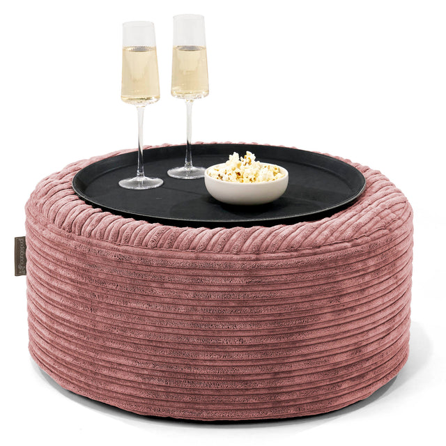 Pouf Ottoman avec Plateau - Côtelé Pêche 01