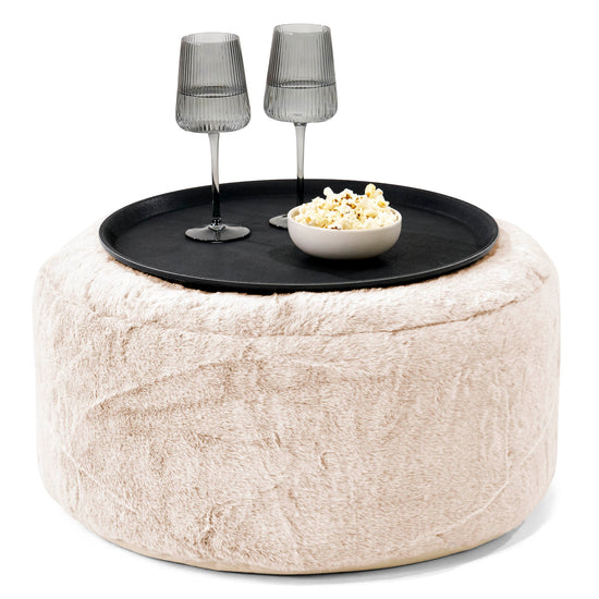 Pouf Ottoman avec Plateau - Fausse Fourrure Lapin Blanc 01