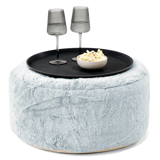 Pouf Ottoman avec Plateau - Fausse Fourrure Lapin Bleu Pastel 01