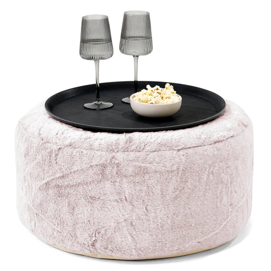 Pouf Ottoman avec Plateau - Fausse Fourrure Lapin Rose Pastel 01