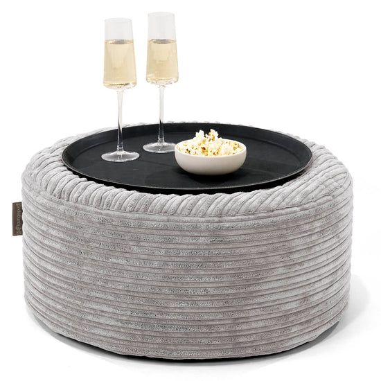 Pouf Ottoman avec Plateau - Côtelé Gris Argent 01