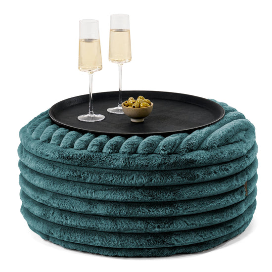 Pouf Ottoman avec Plateau - Velours Côtelé Ultra Pelucheux Bleu Canard 01