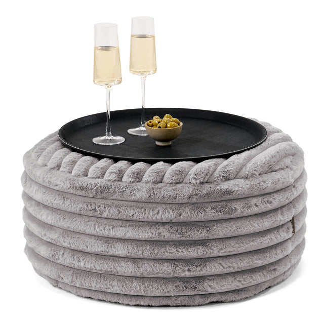 Pouf Ottoman avec Plateau - Velours Côtelé Ultra Pelucheux Gris 01