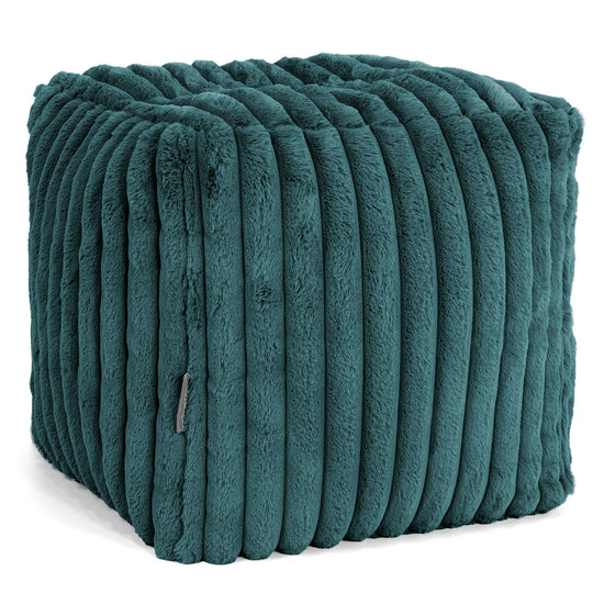 Pouf Repose-pieds Cube - Velours Côtelé Ultra Pelucheux Bleu Canard 01