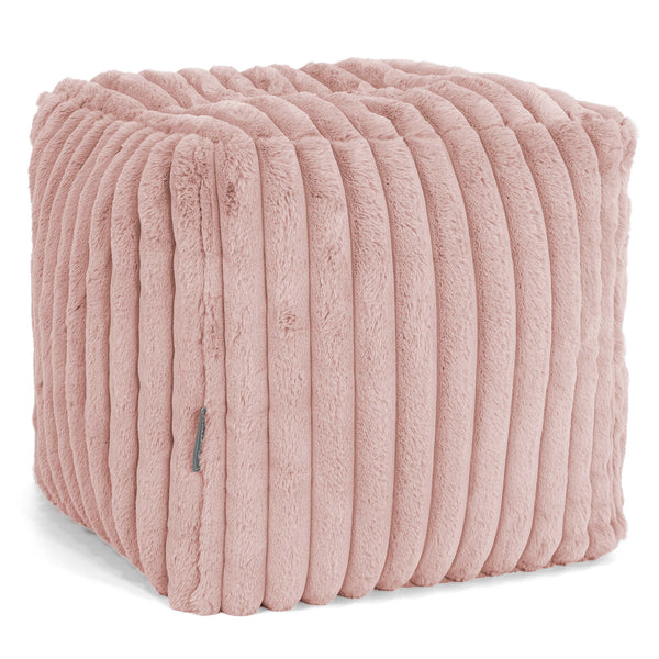 Pouf Repose-pieds Cube - Velours Côtelé Ultra Pelucheux Rose Pastel 01
