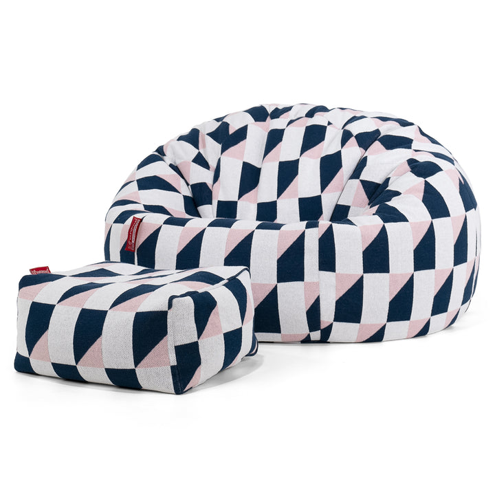 Pouf Poire Classique - Tricoté Géométrique Bleu 02