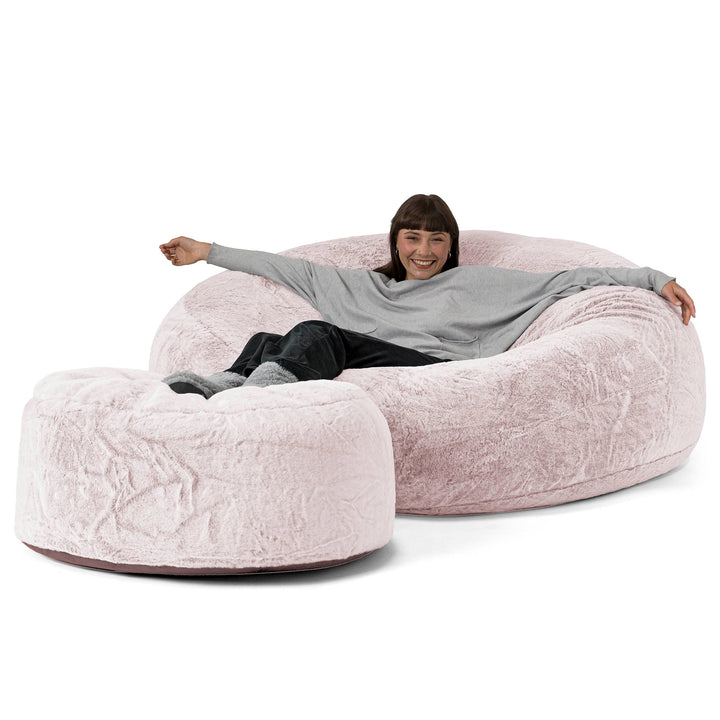 Canapé Pouf Géant Grande Mammouth - Fausse Fourrure Lapin Rose Pastel 02